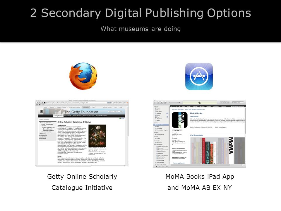 Getty Online Scholarly Catalogue Initiative MoMA Books iPad App and MoMA AB EX NY 2 Secondary Digital Publishing Options What museums are doing
