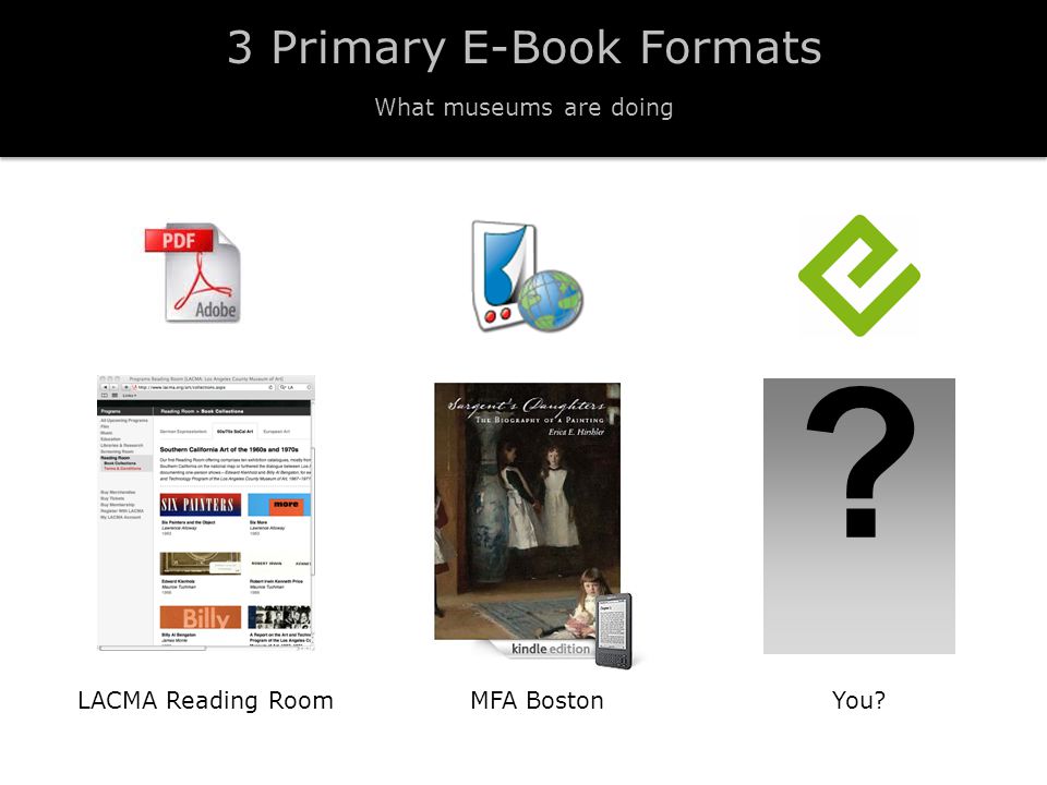 3 Primary E-Book Formats What museums are doing LACMA Reading RoomMFA BostonYou