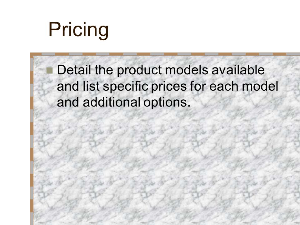Pricing Detail the product models available and list specific prices for each model and additional options.