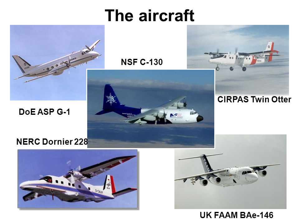 The aircraft CIRPAS Twin Otter NSF C-130 DoE ASP G-1 UK FAAM BAe-146 NERC Dornier 228