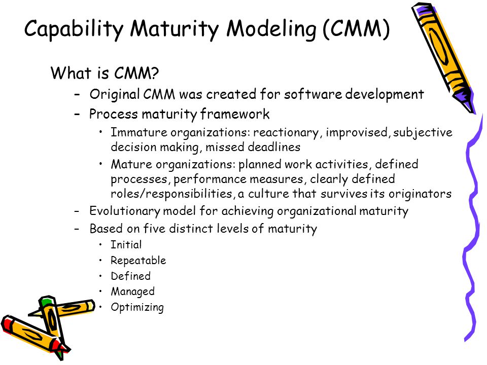 Capability Maturity Modeling (CMM) What is CMM.