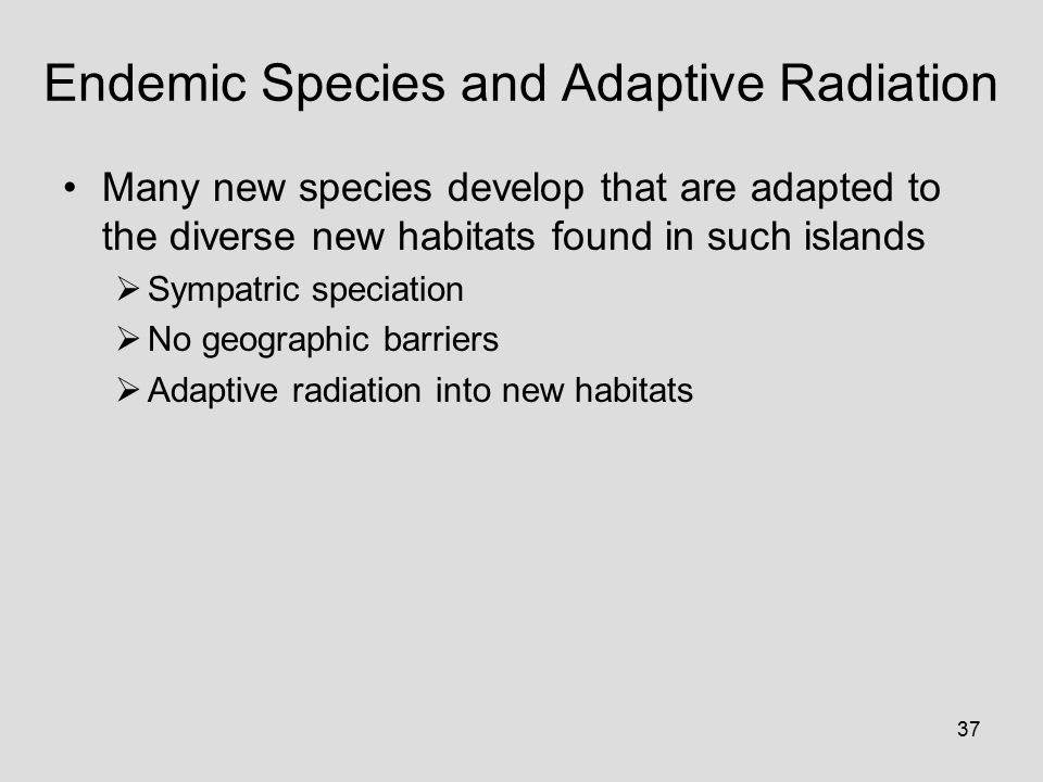37 Endemic Species and Adaptive Radiation Many new species develop that are adapted to the diverse new habitats found in such islands  Sympatric speciation  No geographic barriers  Adaptive radiation into new habitats