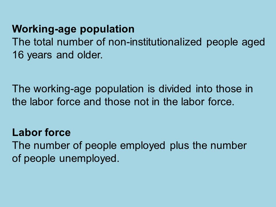 Working-age population The total number of non-institutionalized people aged 16 years and older.
