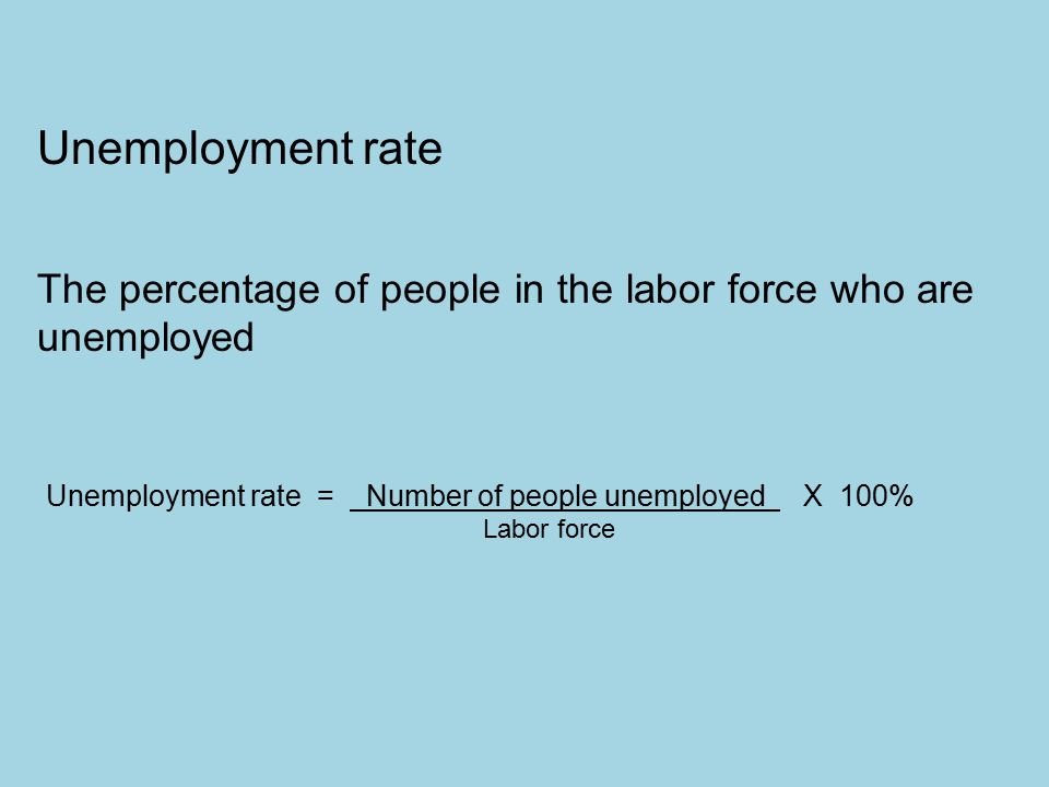 Unemployment rate The percentage of people in the labor force who are unemployed Unemployment rate = Number of people unemployed X 100% Labor force
