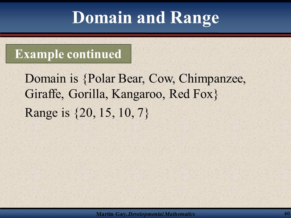 Martin-Gay, Developmental Mathematics 40 Domain is {Polar Bear, Cow, Chimpanzee, Giraffe, Gorilla, Kangaroo, Red Fox} Range is {20, 15, 10, 7} Domain and Range Example continued