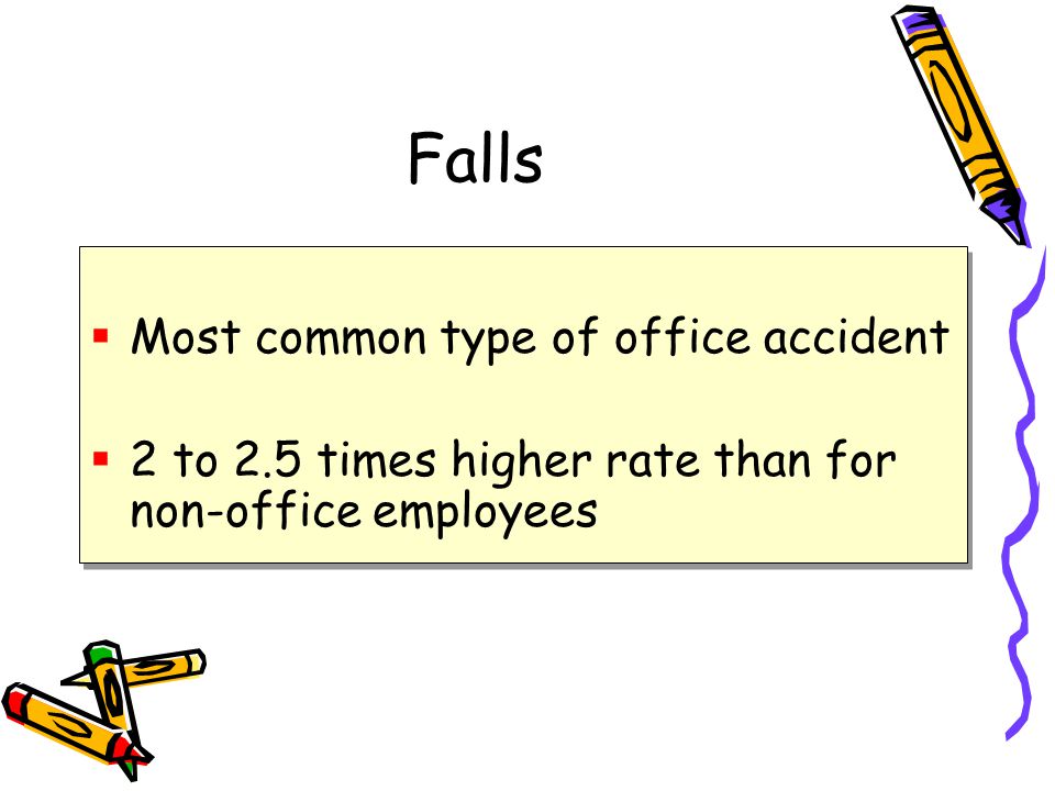 Falls  Most common type of office accident  2 to 2.5 times higher rate than for non-office employees  Most common type of office accident  2 to 2.5 times higher rate than for non-office employees