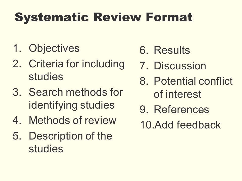 Systematic Review Format 1.Objectives 2.Criteria for including studies 3.Search methods for identifying studies 4.Methods of review 5.Description of the studies 6.Results 7.Discussion 8.Potential conflict of interest 9.References 10.Add feedback