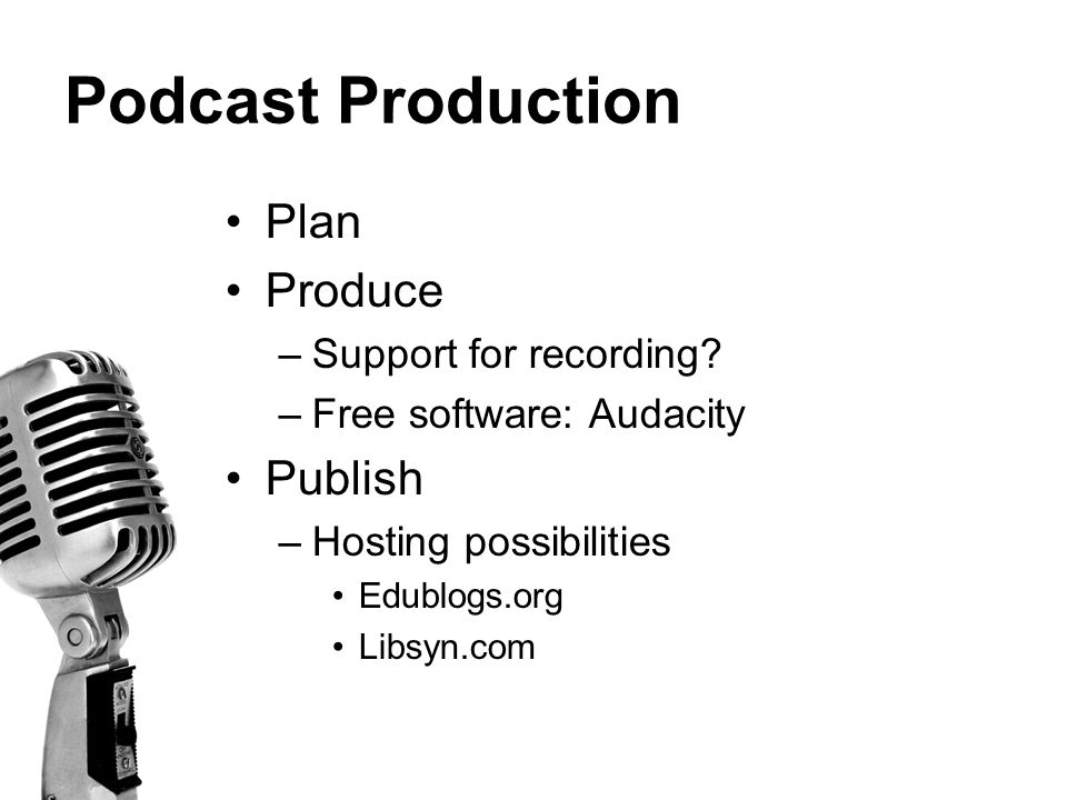 Podcast Production Plan Produce –Support for recording.