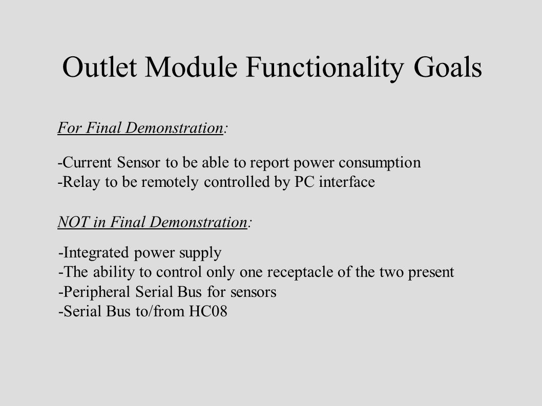 Outlet Module Functionality Goals For Final Demonstration: -Current Sensor to be able to report power consumption -Relay to be remotely controlled by PC interface NOT in Final Demonstration: -Integrated power supply -The ability to control only one receptacle of the two present -Peripheral Serial Bus for sensors -Serial Bus to/from HC08