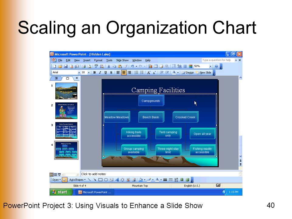 PowerPoint Project 3: Using Visuals to Enhance a Slide Show 40 Scaling an Organization Chart