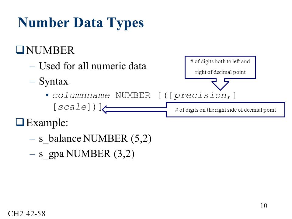 10 Number Data Types  NUMBER –Used for all numeric data –Syntax columnname NUMBER [([precision,] [scale])]  Example: –s_balance NUMBER (5,2) –s_gpa NUMBER (3,2) # of digits both to left and right of decimal point # of digits on the right side of decimal point CH2:42-58