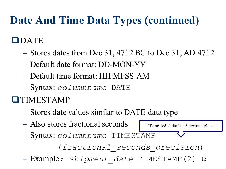 13 Date And Time Data Types (continued)  DATE –Stores dates from Dec 31, 4712 BC to Dec 31, AD 4712 –Default date format: DD-MON-YY –Default time format: HH:MI:SS AM –Syntax: columnname DATE  TIMESTAMP –Stores date values similar to DATE data type –Also stores fractional seconds –Syntax: columnname TIMESTAMP (fractional_seconds_precision) –Example : shipment_date TIMESTAMP(2) If omitted, default is 6 decimal place