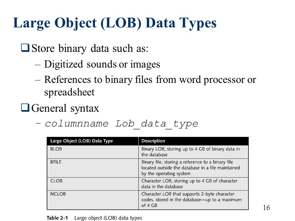 16 Large Object (LOB) Data Types  Store binary data such as: –Digitized sounds or images –References to binary files from word processor or spreadsheet  General syntax –columnname Lob_data_type