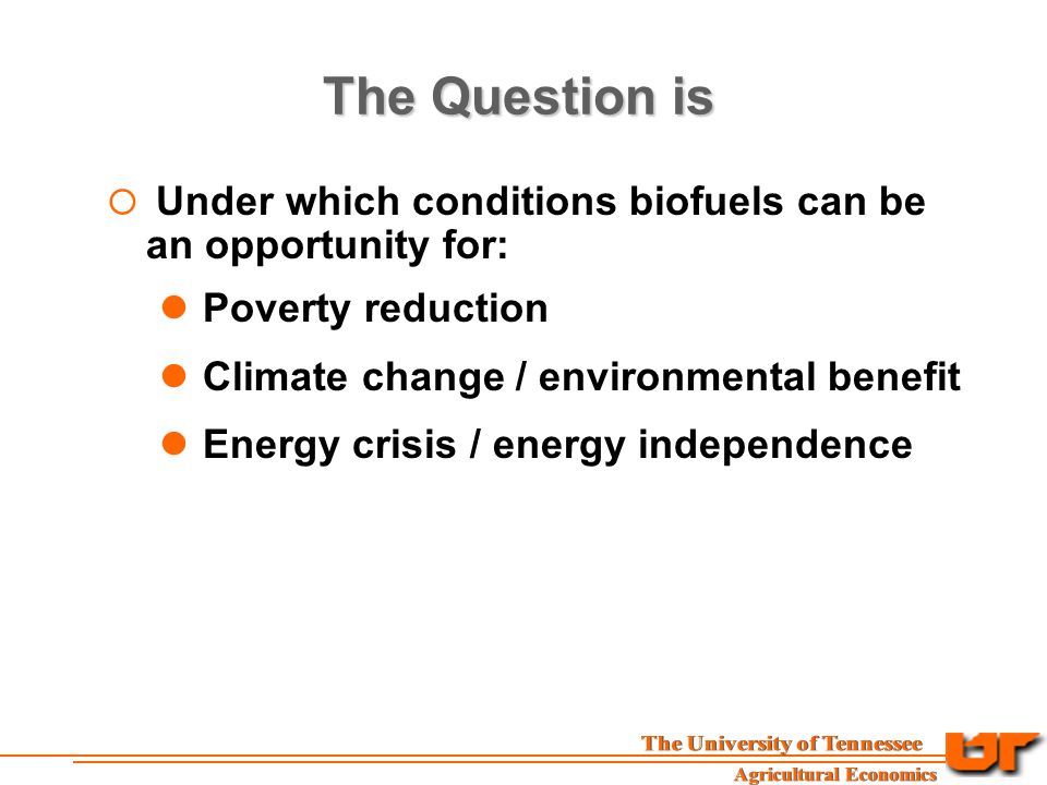The Question is  Under which conditions biofuels can be an opportunity for: Poverty reduction Climate change / environmental benefit Energy crisis / energy independence