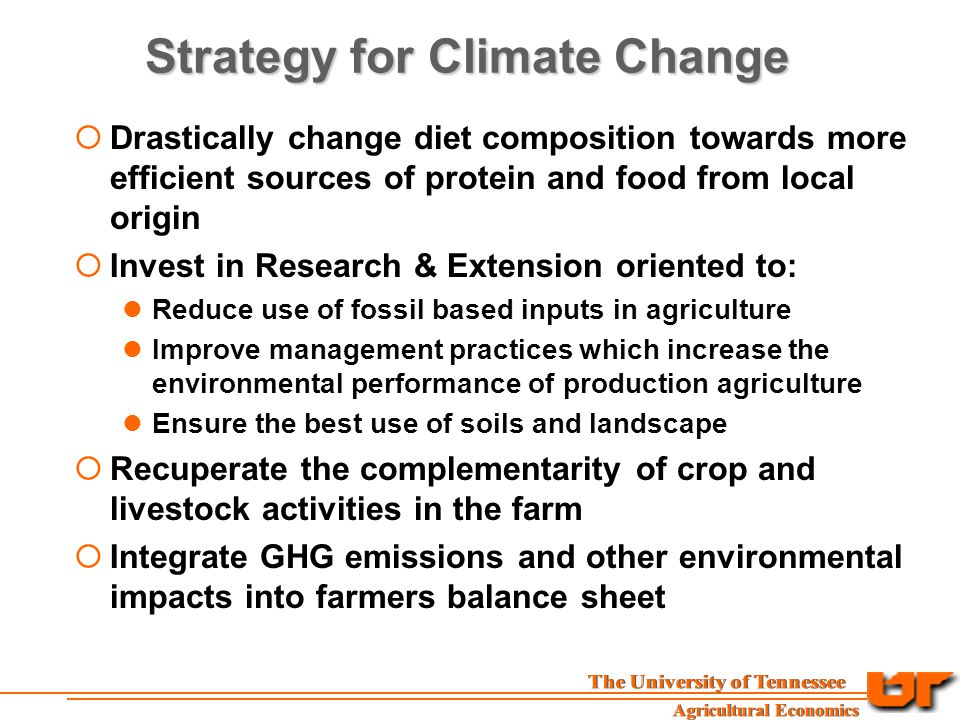 Strategy for Climate Change  Drastically change diet composition towards more efficient sources of protein and food from local origin  Invest in Research & Extension oriented to: Reduce use of fossil based inputs in agriculture Improve management practices which increase the environmental performance of production agriculture Ensure the best use of soils and landscape  Recuperate the complementarity of crop and livestock activities in the farm  Integrate GHG emissions and other environmental impacts into farmers balance sheet