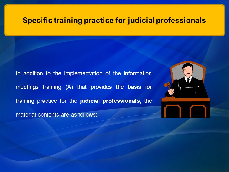 Specific training practice for judicial professionals In addition to the implementation of the information meetings training (A) that provides the basis for training practice for the judicial professionals, the material contents are as follows:-