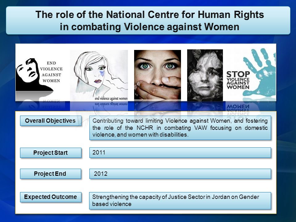 2011 Overall Objectives Contributing toward limiting Violence against Women, and fostering the role of the NCHR in combating VAW focusing on domestic violence, and women with disabilities.