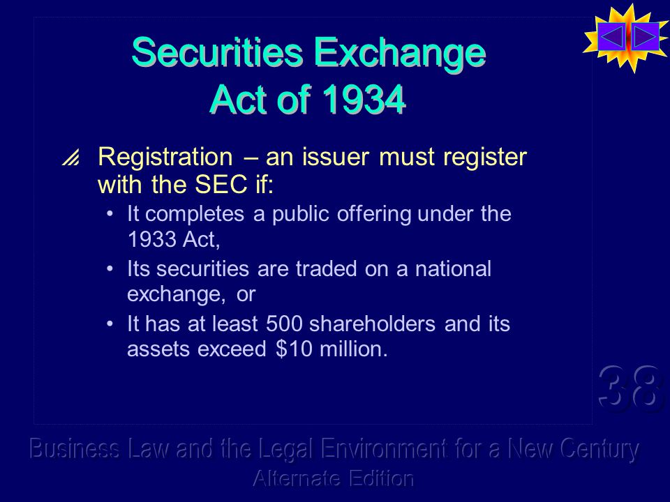 Securities Exchange Act of 1934  Registration – an issuer must register with the SEC if: It completes a public offering under the 1933 Act, Its securities are traded on a national exchange, or It has at least 500 shareholders and its assets exceed $10 million.
