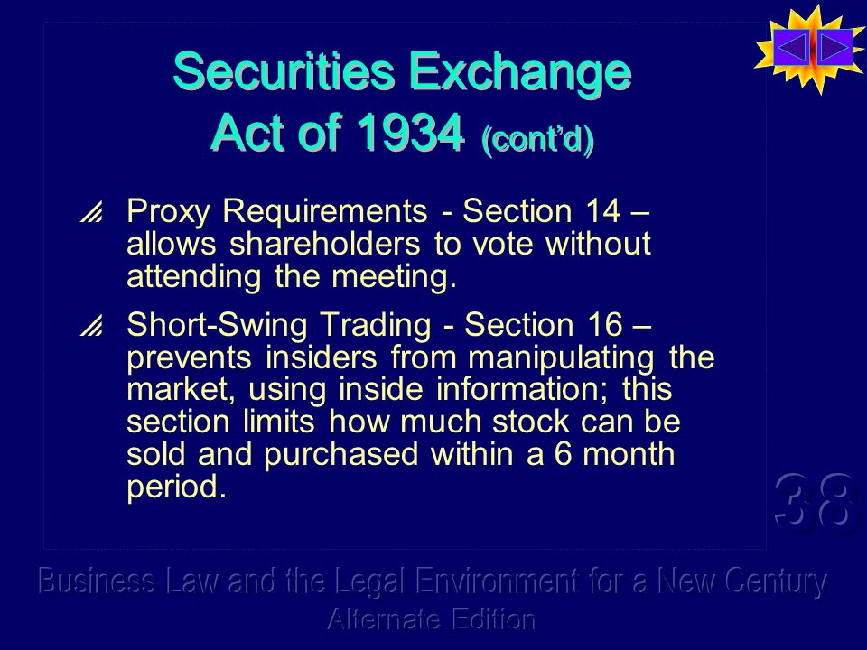 Securities Exchange Act of 1934 (cont’d)  Proxy Requirements - Section 14 – allows shareholders to vote without attending the meeting.