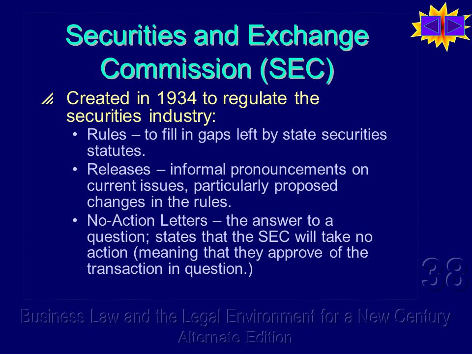 Securities and Exchange Commission (SEC)  Created in 1934 to regulate the securities industry: Rules – to fill in gaps left by state securities statutes.