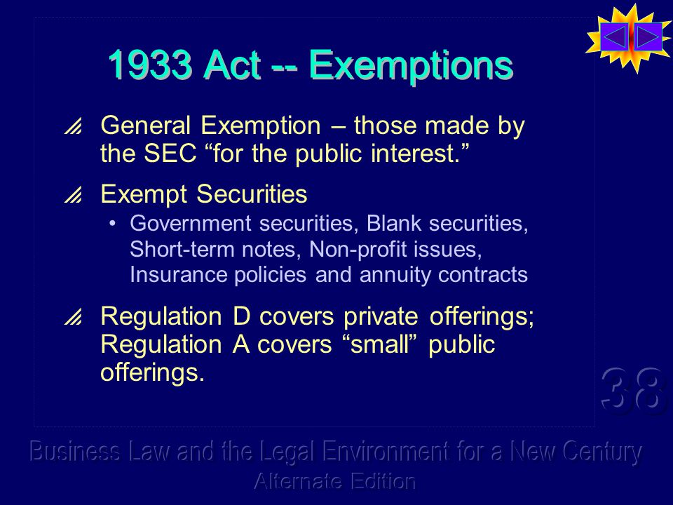 1933 Act -- Exemptions  General Exemption – those made by the SEC for the public interest.  Exempt Securities Government securities, Blank securities, Short-term notes, Non-profit issues, Insurance policies and annuity contracts  Regulation D covers private offerings; Regulation A covers small public offerings.