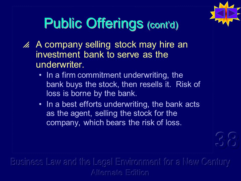 Public Offerings (cont’d)  A company selling stock may hire an investment bank to serve as the underwriter.