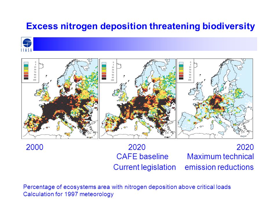 Excess nitrogen deposition threatening biodiversity Percentage of ecosystems area with nitrogen deposition above critical loads Calculation for 1997 meteorology CAFE baseline Maximum technical Current legislation emission reductions