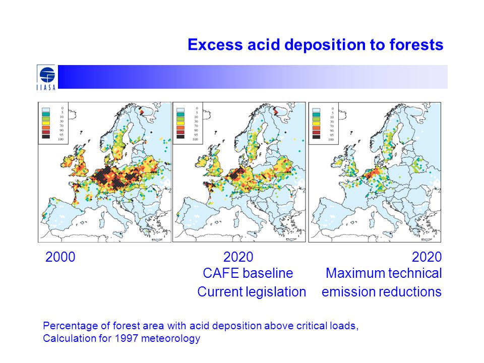 Excess acid deposition to forests Percentage of forest area with acid deposition above critical loads, Calculation for 1997 meteorology CAFE baseline Maximum technical Current legislation emission reductions