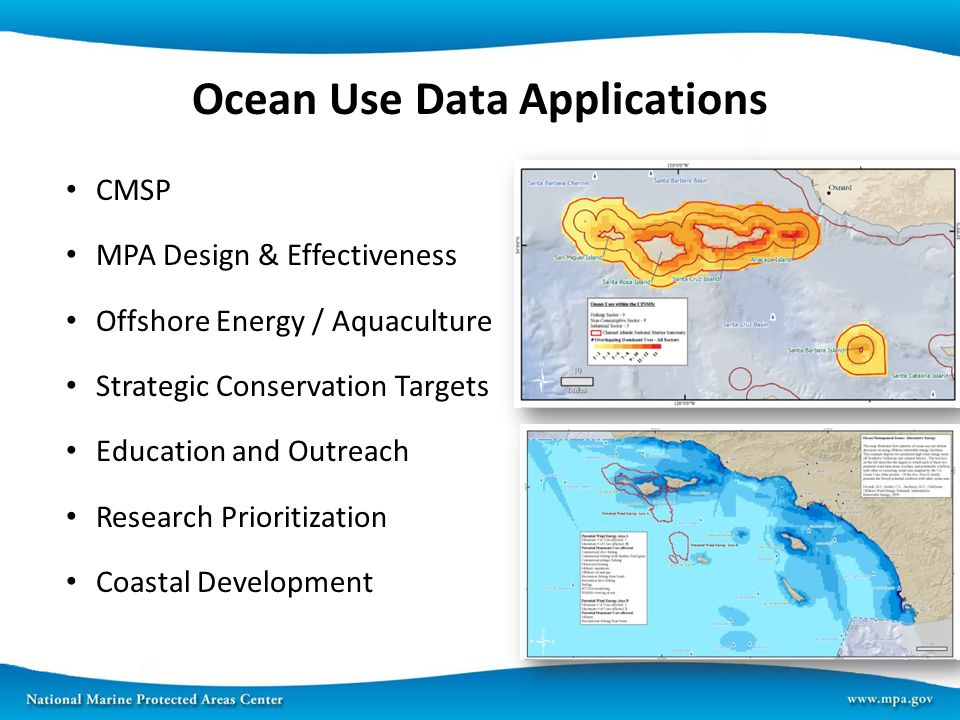 Ocean Use Data Applications CMSP MPA Design & Effectiveness Offshore Energy / Aquaculture Strategic Conservation Targets Education and Outreach Research Prioritization Coastal Development