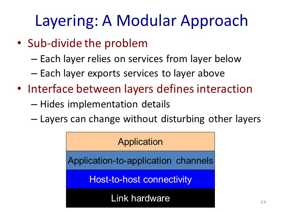 Layering: A Modular Approach Sub-divide the problem – Each layer relies on services from layer below – Each layer exports services to layer above Interface between layers defines interaction – Hides implementation details – Layers can change without disturbing other layers 26 Link hardware Host-to-host connectivity Application-to-application channels Application