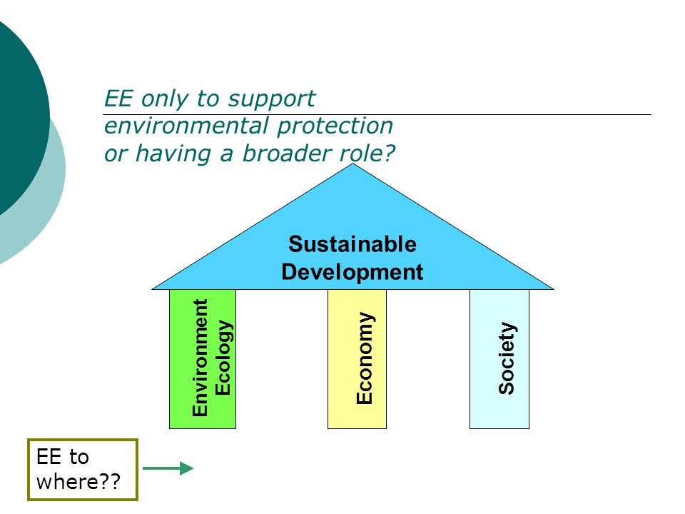Environment Ecology Economy Society Sustainable Development EE only to support environmental protection or having a broader role.
