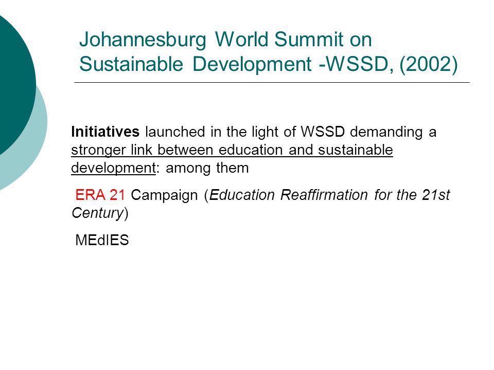 Johannesburg World Summit on Sustainable Development -WSSD, (2002) Initiatives launched in the light of WSSD demanding a stronger link between education and sustainable development: among them ERA 21 Campaign (Education Reaffirmation for the 21st Century) MEdIES