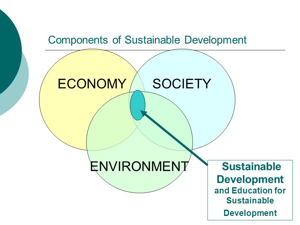 ECONOMYSOCIETY ENVIRONMENT Components of Sustainable Development Sustainable Development and Education for Sustainable Development