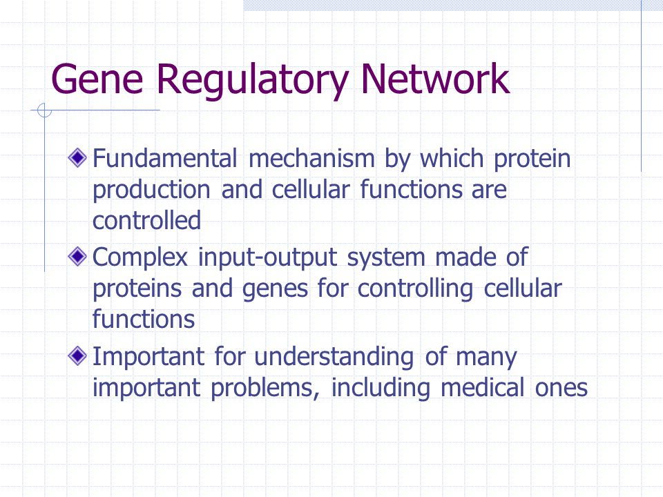 Gene Regulatory Network Fundamental mechanism by which protein production and cellular functions are controlled Complex input-output system made of proteins and genes for controlling cellular functions Important for understanding of many important problems, including medical ones