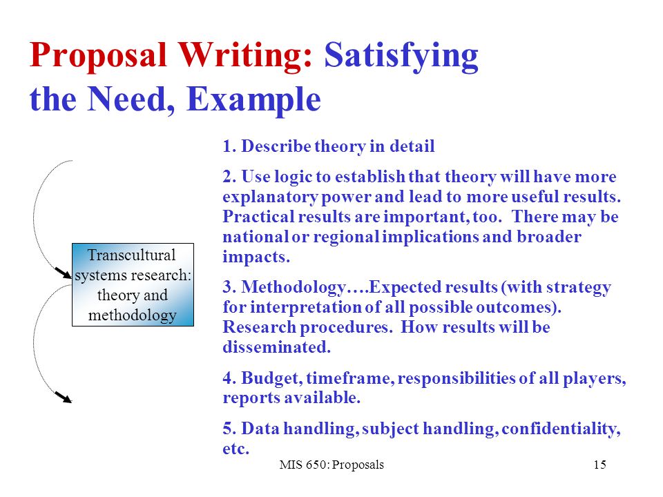 MIS 650: Proposals15 Proposal Writing: Satisfying the Need, Example Transcultural systems research: theory and methodology 1.