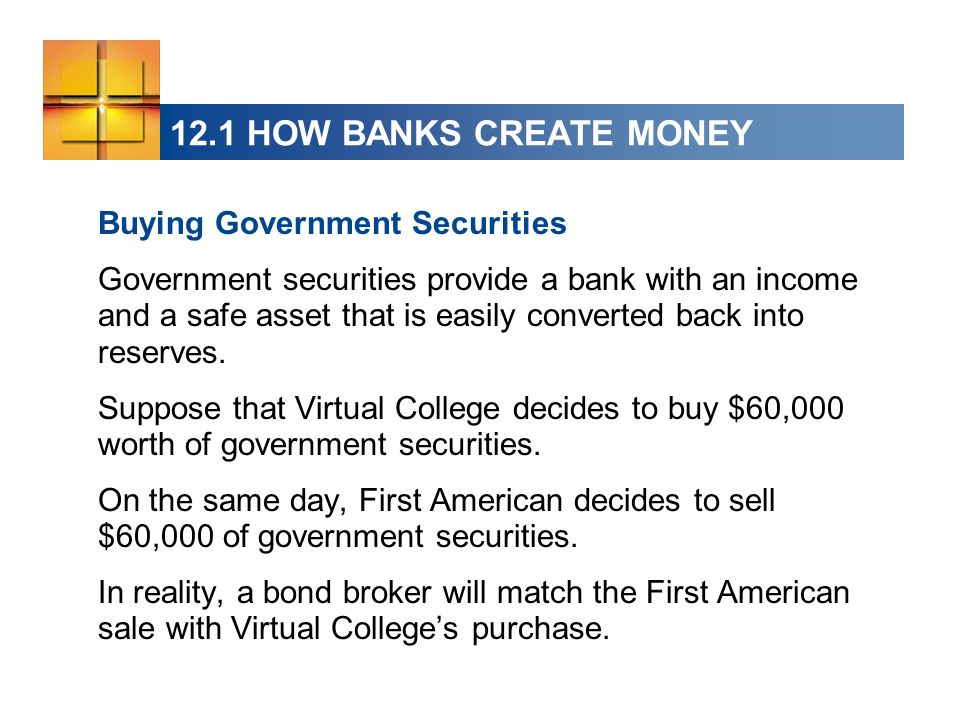 12.1 HOW BANKS CREATE MONEY Buying Government Securities Government securities provide a bank with an income and a safe asset that is easily converted back into reserves.
