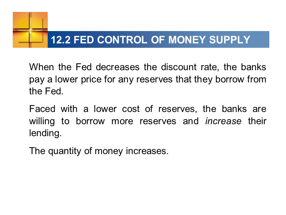 12.2 FED CONTROL OF MONEY SUPPLY When the Fed decreases the discount rate, the banks pay a lower price for any reserves that they borrow from the Fed.