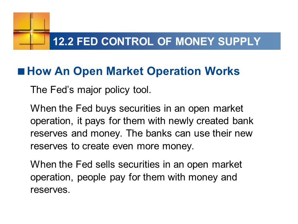 12.2 FED CONTROL OF MONEY SUPPLY  How An Open Market Operation Works The Fed’s major policy tool.
