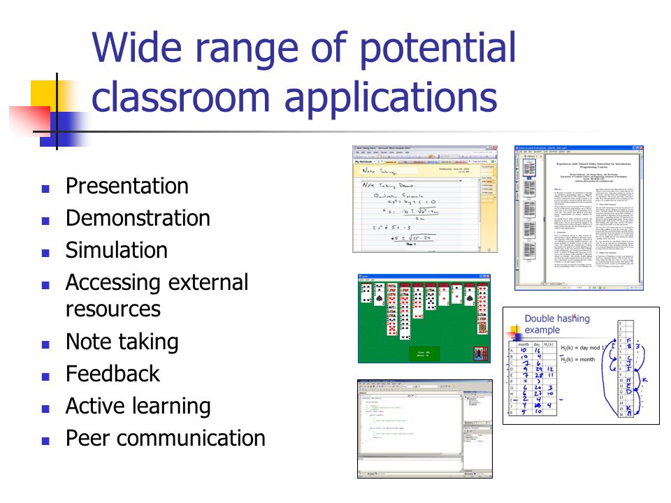 Wide range of potential classroom applications Presentation Demonstration Simulation Accessing external resources Note taking Feedback Active learning Peer communication