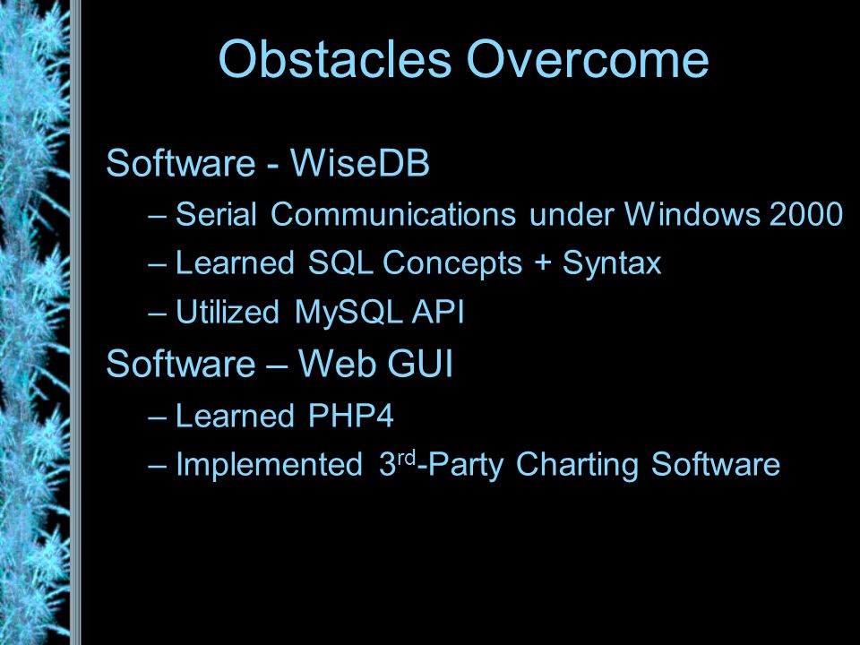 Software - WiseDB –Serial Communications under Windows 2000 –Learned SQL Concepts + Syntax –Utilized MySQL API Software – Web GUI –Learned PHP4 –Implemented 3 rd -Party Charting Software Obstacles Overcome