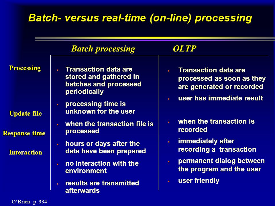Batch- versus real-time (on-line) processing  Transaction data are stored and gathered in batches and processed periodically  processing time is unknown for the user  when the transaction file is processed  hours or days after the data have been prepared  no interaction with the environment  results are transmitted afterwards  Transaction data are processed as soon as they are generated or recorded  user has immediate result  when the transaction is recorded  immediately after recording a transaction  permanent dialog between the program and the user  user friendly Batch processing OLTP Processing Update file Response time Interaction O’Brien p.