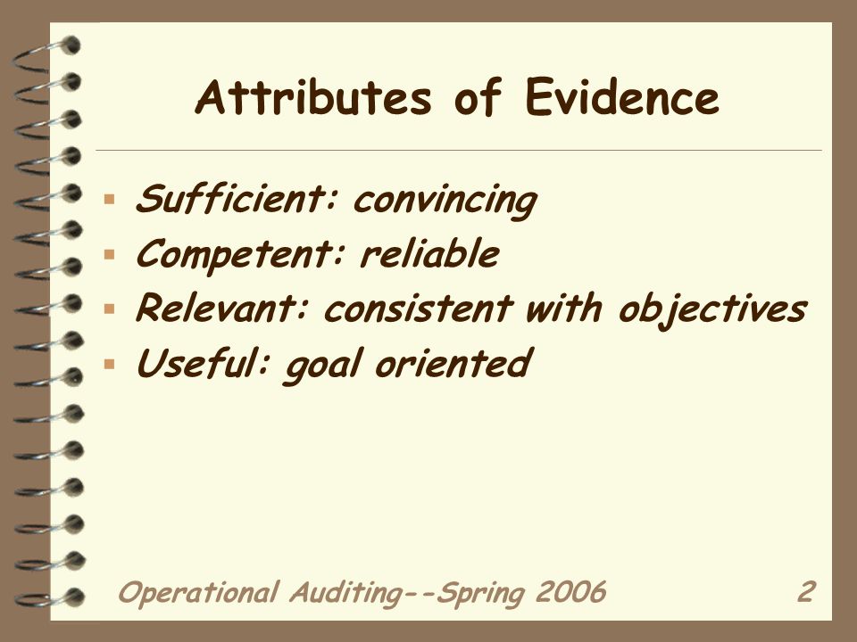 Operational Auditing--Spring Attributes of Evidence  Sufficient: convincing  Competent: reliable  Relevant: consistent with objectives  Useful: goal oriented