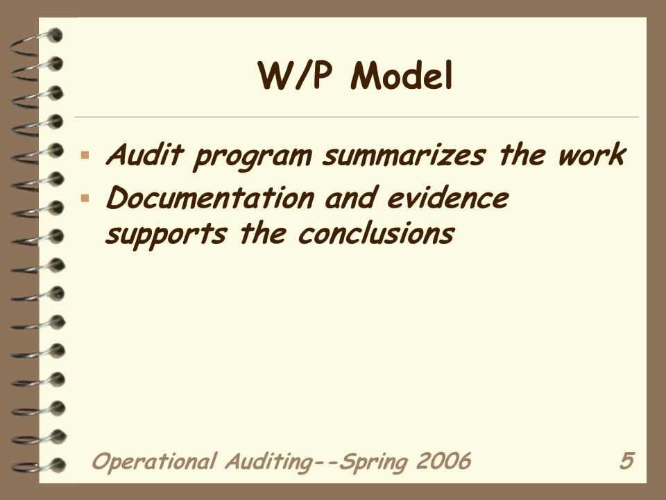 Operational Auditing--Spring W/P Model  Audit program summarizes the work  Documentation and evidence supports the conclusions