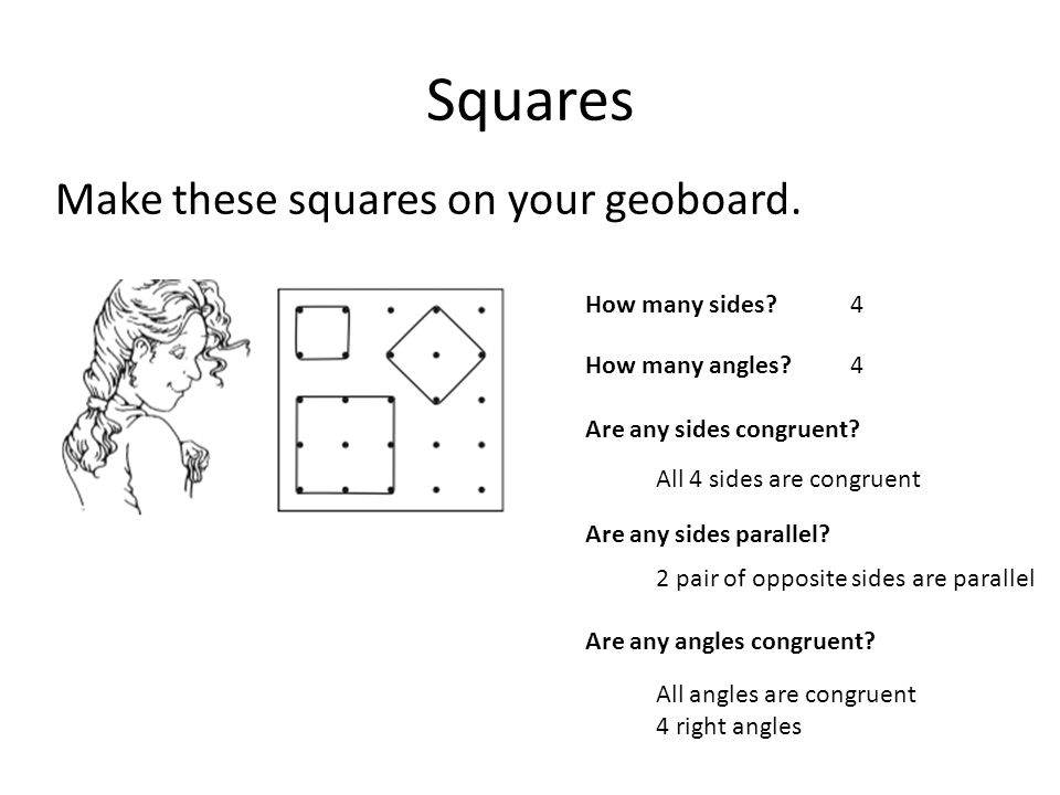 Squares Make these squares on your geoboard. How many sides.