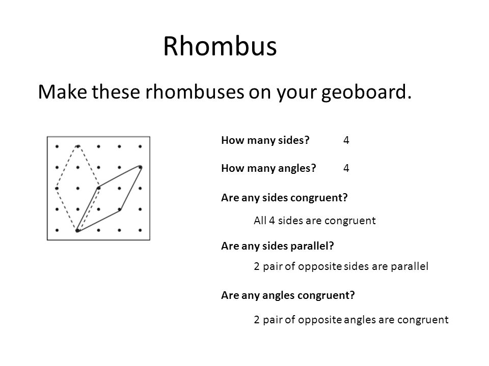Rhombus Make these rhombuses on your geoboard. How many sides.