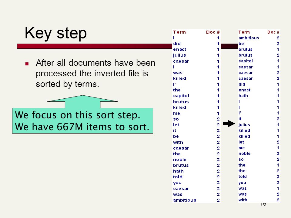 16 We focus on this sort step. We have 667M items to sort.