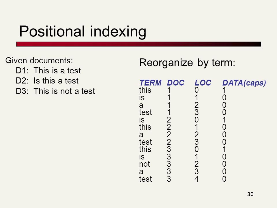 30 Positional indexing Given documents: D1: This is a test D2: Is this a test D3: This is not a test Reorganize by term : TERMDOCLOCDATA(caps) this101 is110 a120 test130 is201 this210 a220 test230 this301 is310 not320 a330 test340