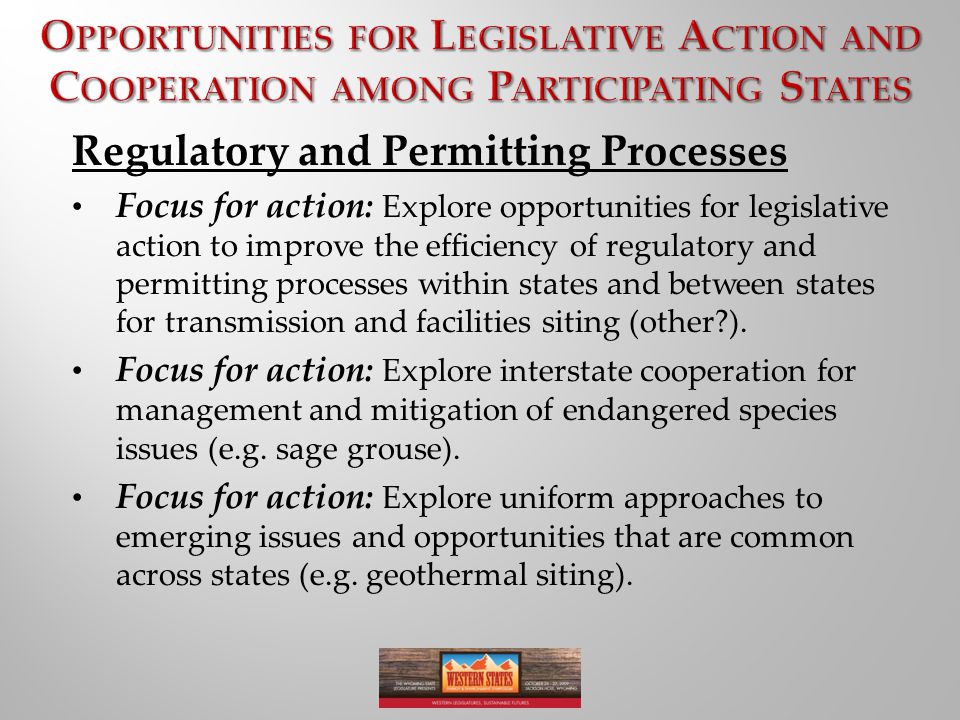 Regulatory and Permitting Processes Focus for action: Explore opportunities for legislative action to improve the efficiency of regulatory and permitting processes within states and between states for transmission and facilities siting (other ).