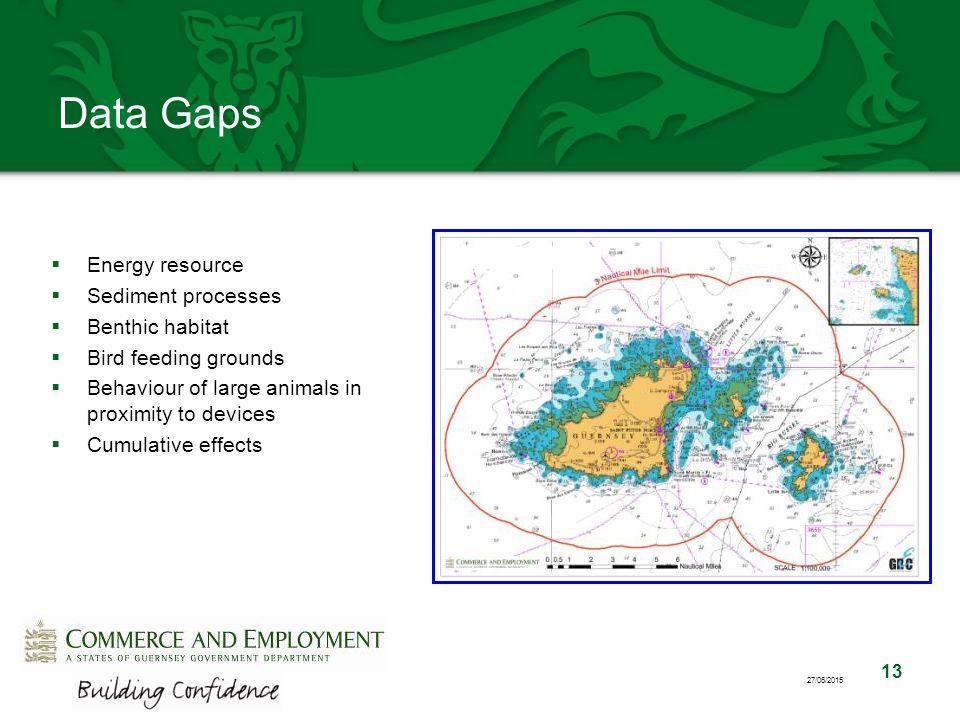 13 27/06/2015 Data Gaps  Energy resource  Sediment processes  Benthic habitat  Bird feeding grounds  Behaviour of large animals in proximity to devices  Cumulative effects
