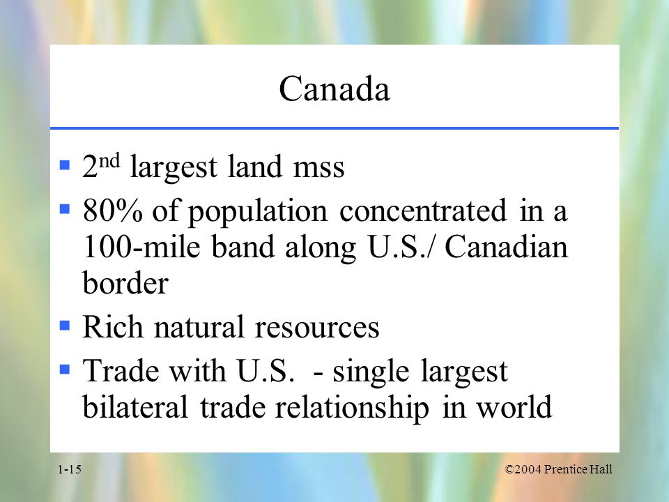 ©2004 Prentice Hall1-15 Canada  2 nd largest land mss  80% of population concentrated in a 100-mile band along U.S./ Canadian border  Rich natural resources  Trade with U.S.